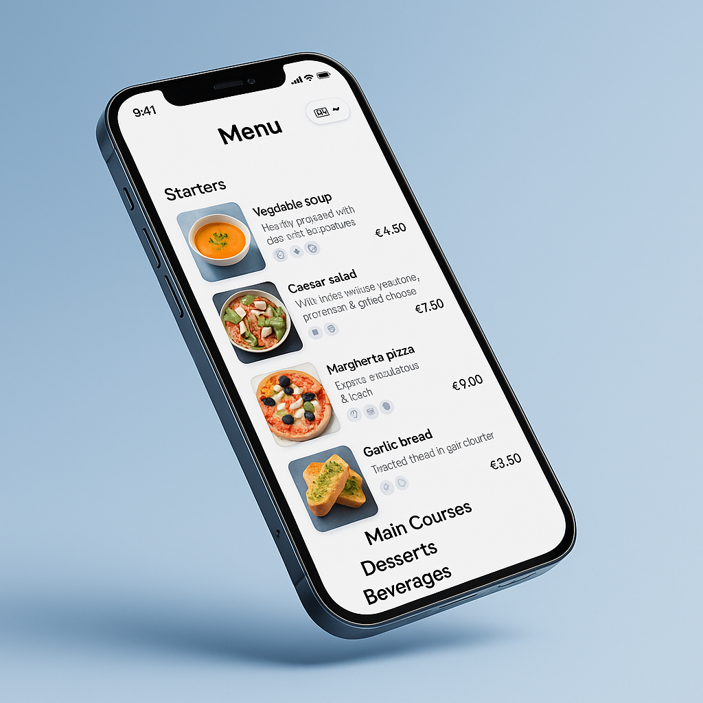 Exemplo de menu digital multilingue com fotos e alergénios